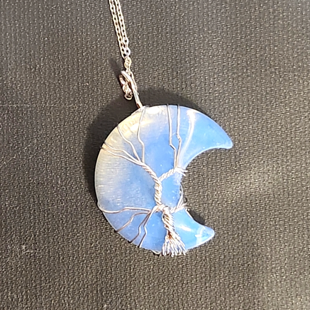 New Transparent Opal Moon Tree of Life Wire Wrap Necklace